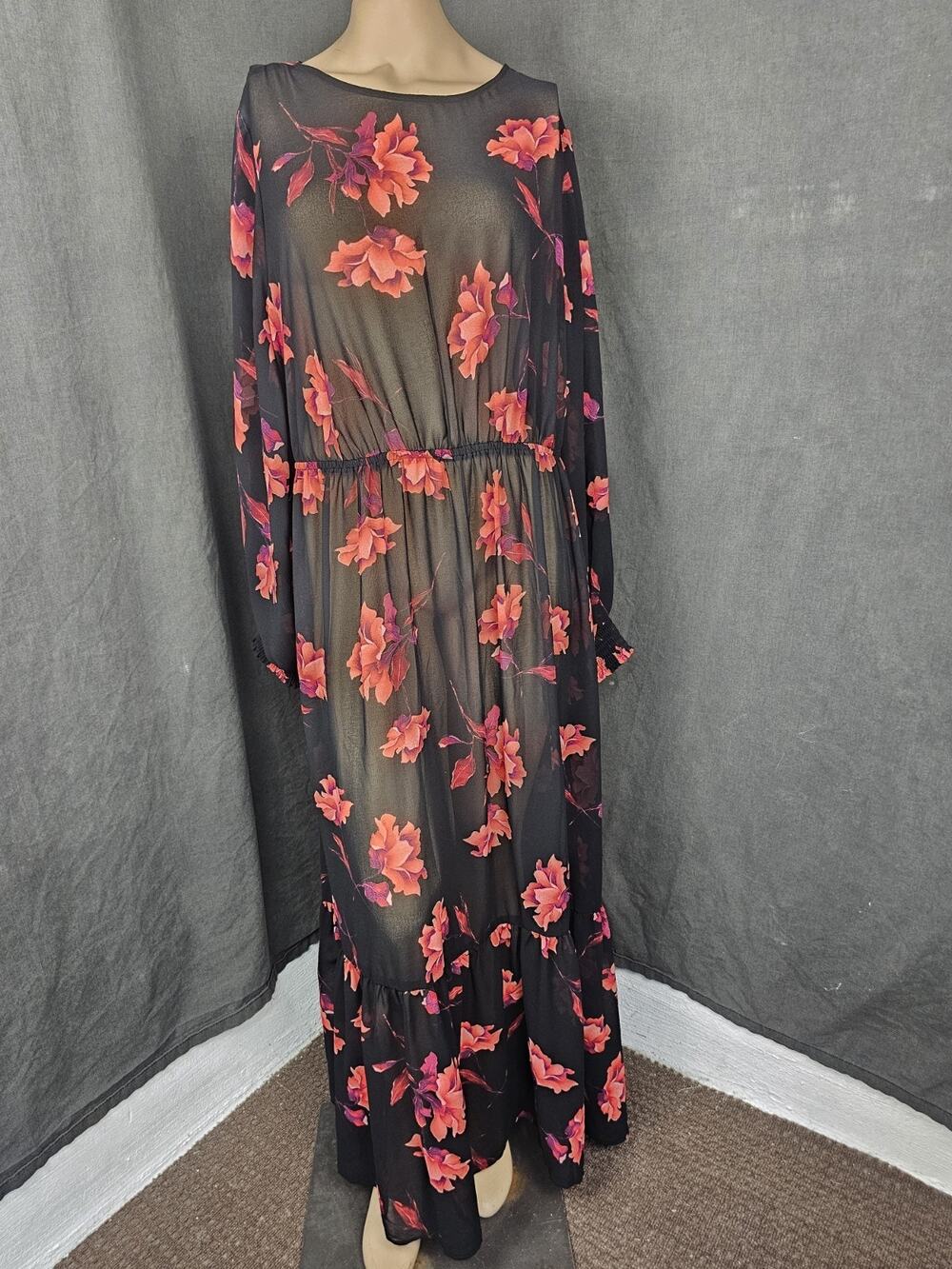 Ava & Viv Black Floral Maxi Dress 1X Plus Chiffon Smocked Cuff Cottagecore Boho